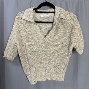 ASTR The Label Sweater Women’s Large Beige Collared Short Sleeve Knit Boho